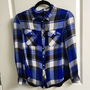 Tribal Longsleeve Buttondown Blue White Plaid Black Contrast Back Size M Viscose